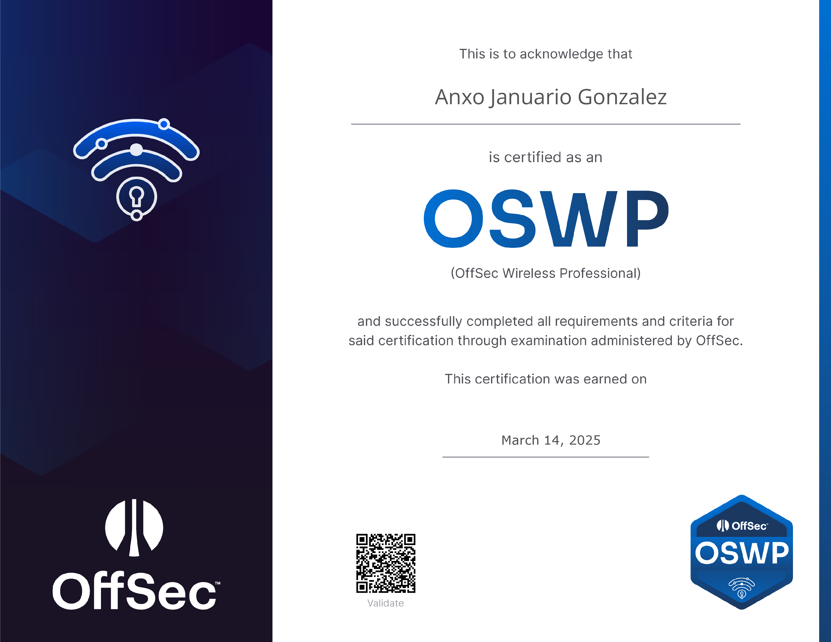 OffSec Wireless Professional (OSWP) badge